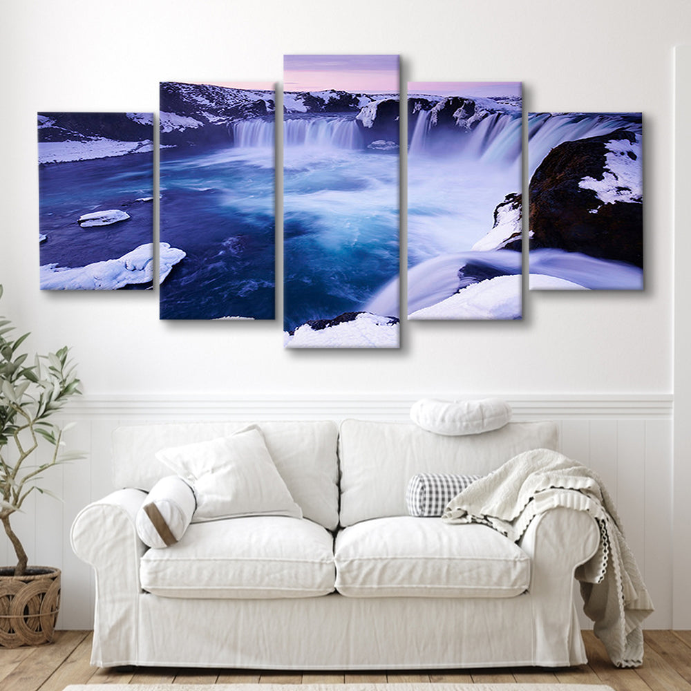 Godafoss Waterfall  Iceland waterfall art Iceland art Sunset waterfall, 5 Panel Mixed Canvas Print Wall Art, Large Canvas