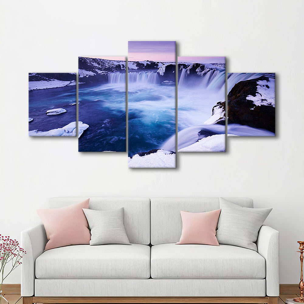 Godafoss Waterfall  Iceland waterfall art Iceland art Sunset waterfall, 5 Panel Mixed Canvas Print Wall Art, Large Canvas