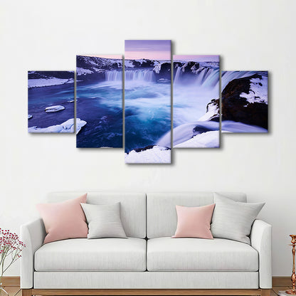 Godafoss Waterfall  Iceland waterfall art Iceland art Sunset waterfall, 5 Panel Mixed Canvas Print Wall Art, Large Canvas