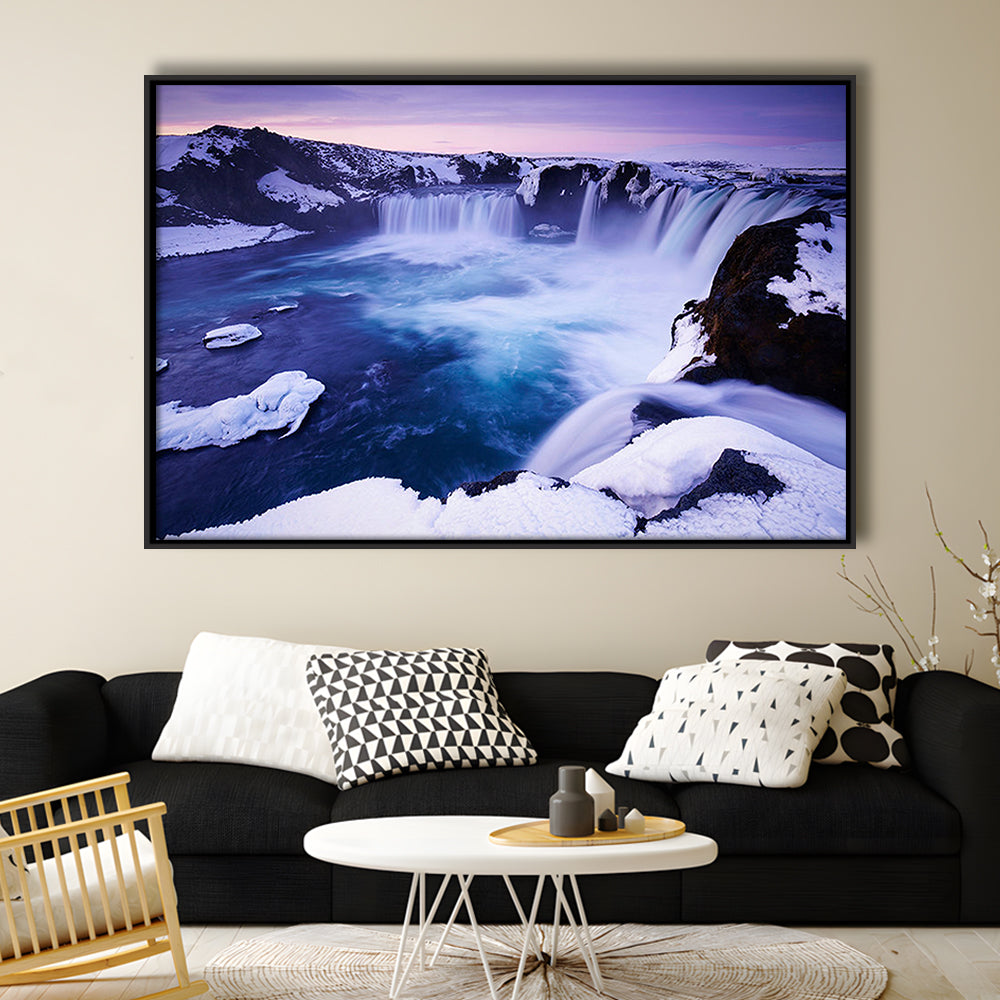 Godafoss Waterfall  Iceland Waterfall Art Iceland Art Sunset Waterfall, Framed Canvas Print Wall Art, Floating Frame