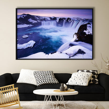 Godafoss Waterfall  Iceland Waterfall Art Iceland Art Sunset Waterfall, Framed Canvas Print Wall Art, Floating Frame