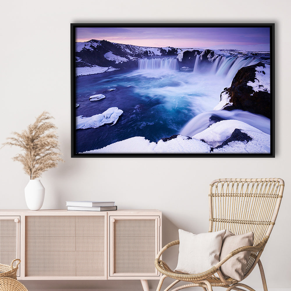 Godafoss Waterfall  Iceland Waterfall Art Iceland Art Sunset Waterfall, Framed Canvas Print Wall Art, Floating Frame
