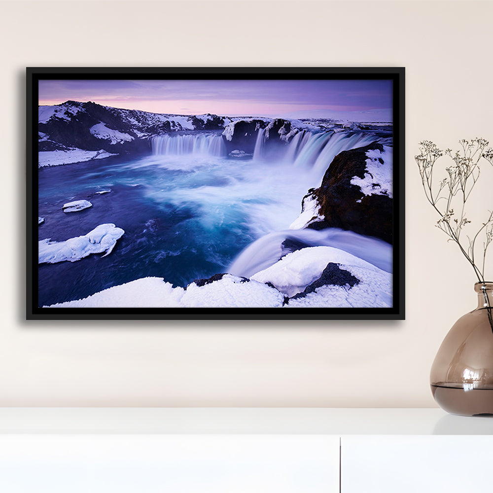 Godafoss Waterfall  Iceland Waterfall Art Iceland Art Sunset Waterfall, Framed Canvas Print Wall Art, Floating Frame