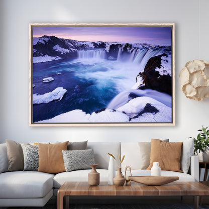 Godafoss Waterfall  Iceland Waterfall Art Iceland Art Sunset Waterfall, Framed Canvas Print Wall Art, Floating Frame