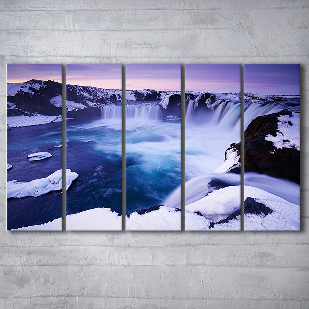 Godafoss Waterfall  Iceland waterfall art Iceland art Sunset waterfall, 5 Panel B Canvas Print Wall Art, Extra Large Canvas