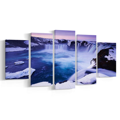 Godafoss Waterfall  Iceland waterfall art Iceland art Sunset waterfall, 5 Panel Mixed Canvas Print Wall Art, Large Canvas