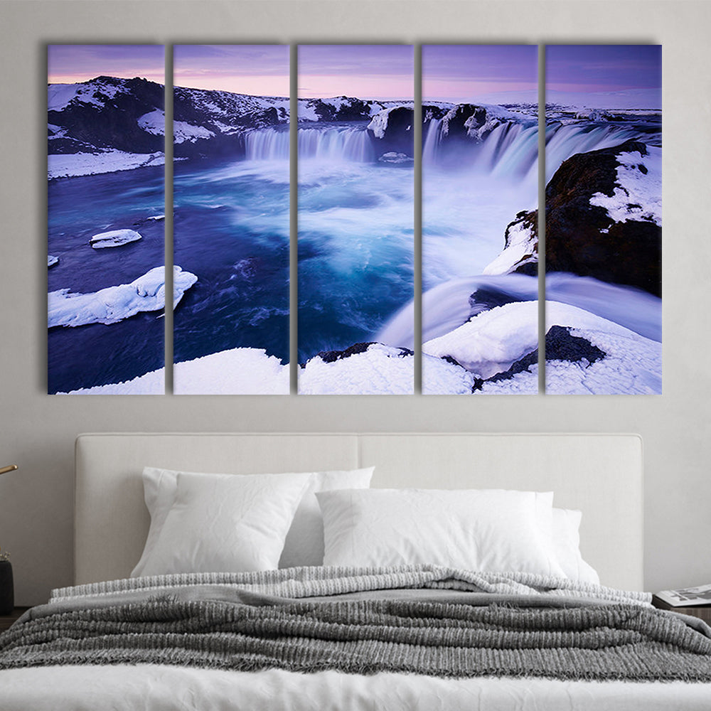 Godafoss Waterfall  Iceland waterfall art Iceland art Sunset waterfall, 5 Panel B Canvas Print Wall Art, Extra Large Canvas