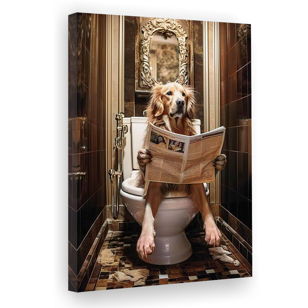 Golden Retriever Dog On The Toilet Reading Newspaper Print or Canvas, Canvas Print Wall Art, Wall Decor, Painting Canvas