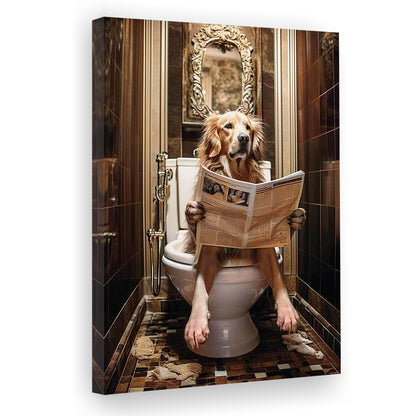 Golden Retriever Dog On The Toilet Reading Newspaper Print or Canvas, Canvas Print Wall Art, Wall Decor, Painting Canvas