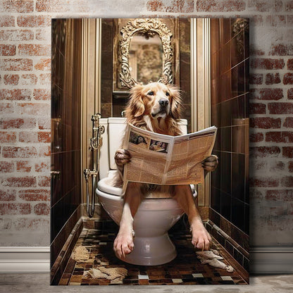 Golden Retriever Dog On The Toilet Reading Newspaper Print or Canvas, Canvas Print Wall Art, Wall Decor, Painting Canvas