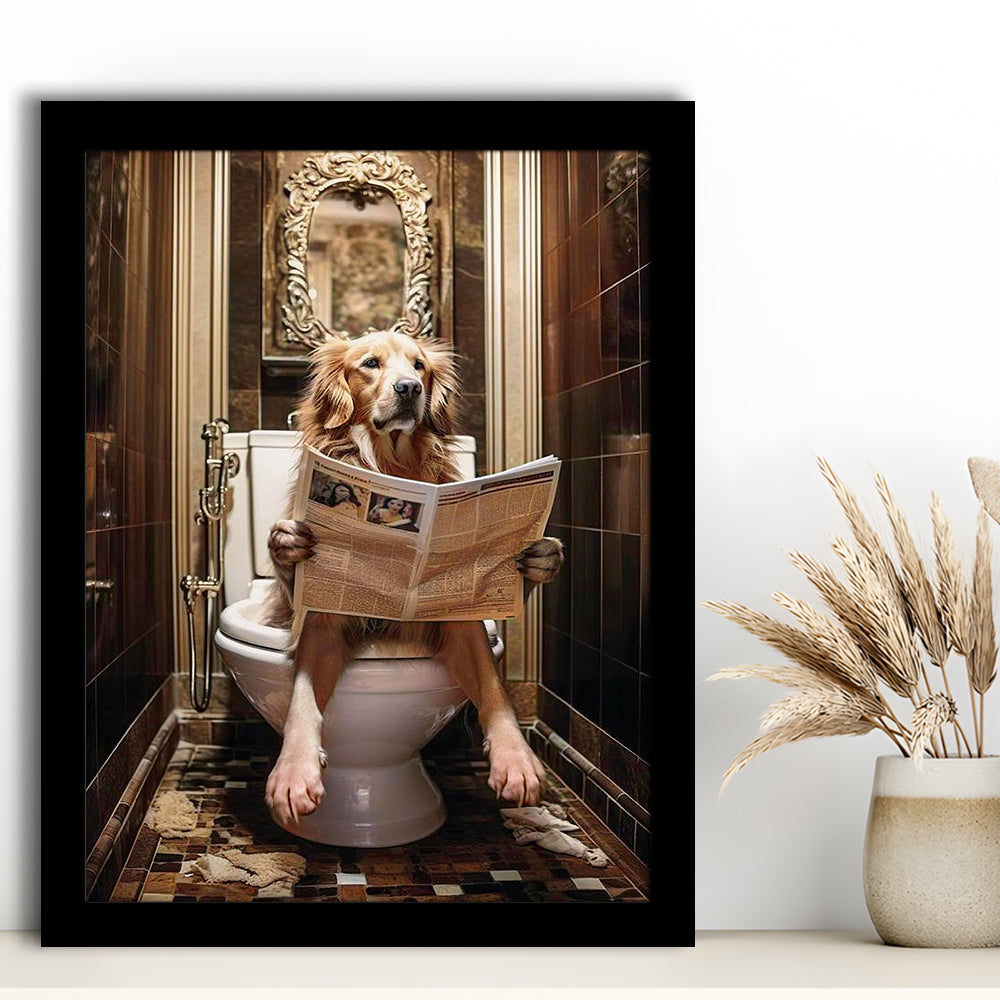 Golden Retriever Dog On The Toilet Reading Newspaper Print or Canvas, Framed Art Print Wall Decor, Picture Framed