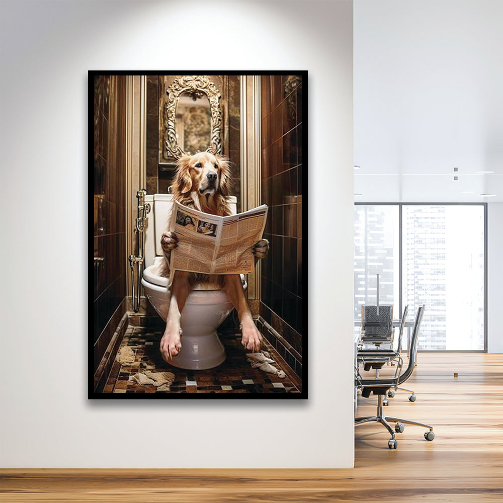 Golden Retriever Dog On The Toilet Reading Newspaper Print or Canvas, Framed Art Print Wall Decor, Picture Framed