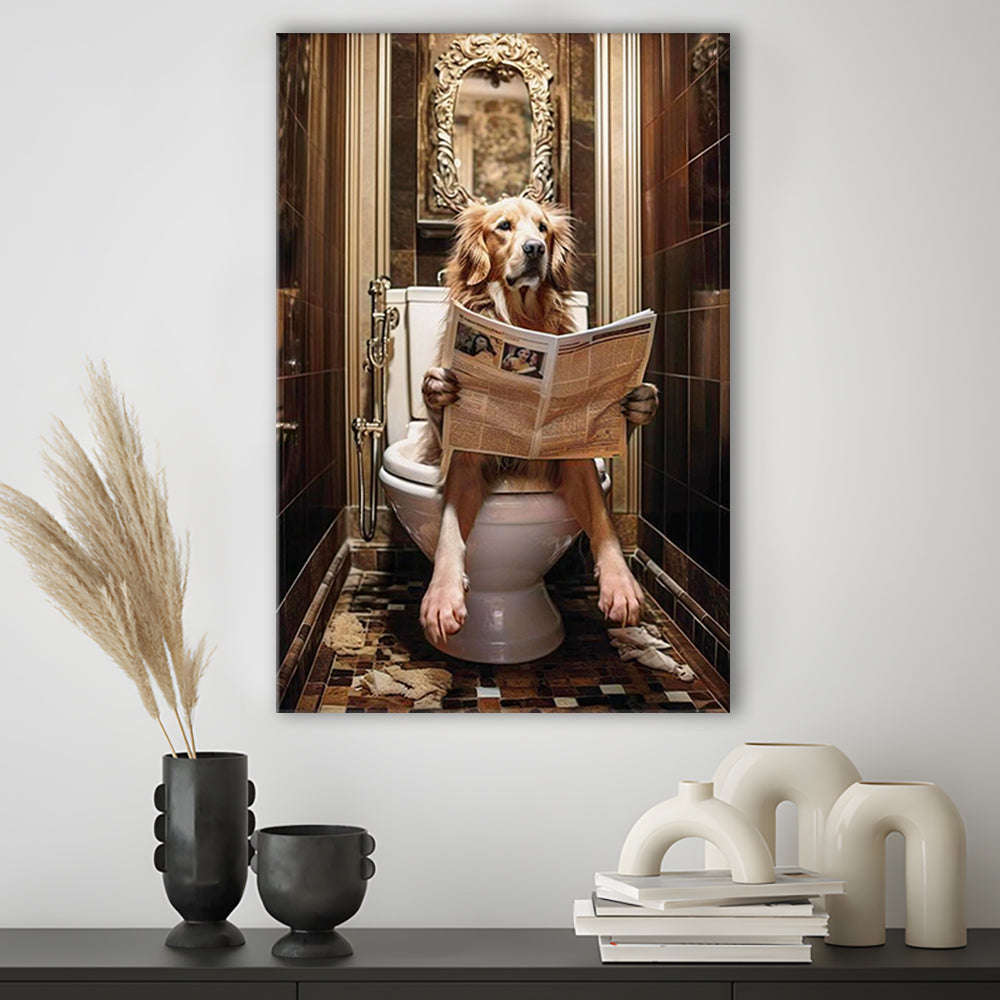 Golden Retriever Dog On The Toilet Reading Newspaper Print or Canvas, Canvas Print Wall Art, Wall Decor, Painting Canvas