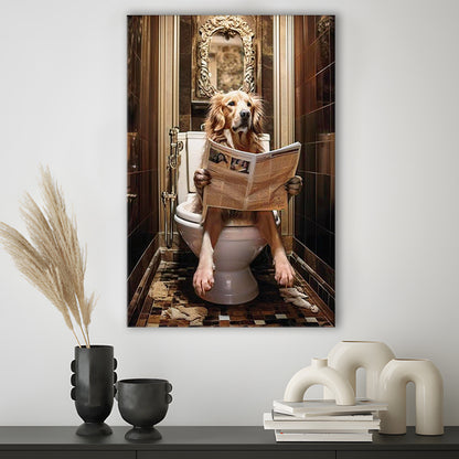 Golden Retriever Dog On The Toilet Reading Newspaper Print or Canvas, Canvas Print Wall Art, Wall Decor, Painting Canvas