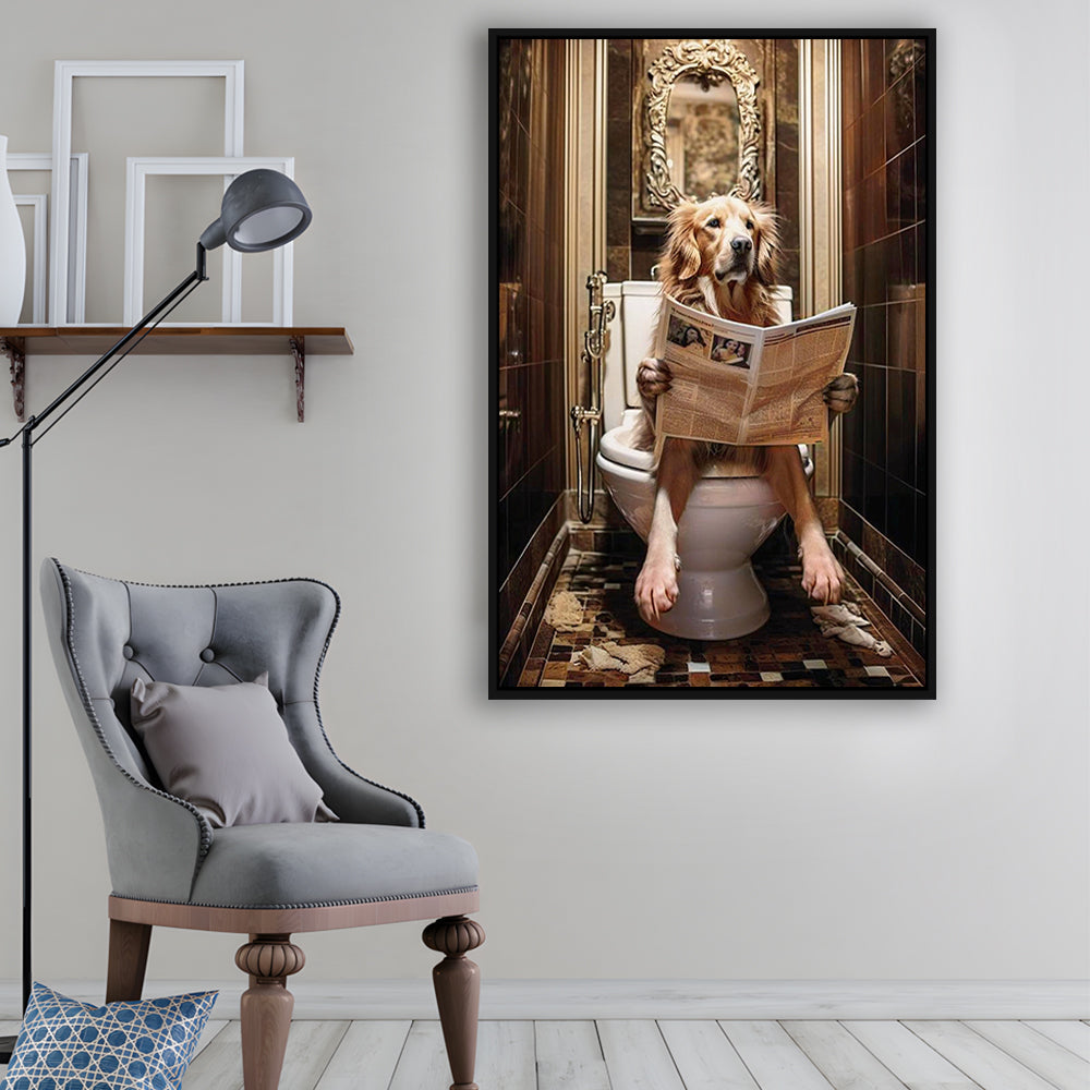 Golden Retriever Dog On The Toilet Reading Newspaper Print or Canvas, Framed Canvas Print Wall Art, Floating Frame