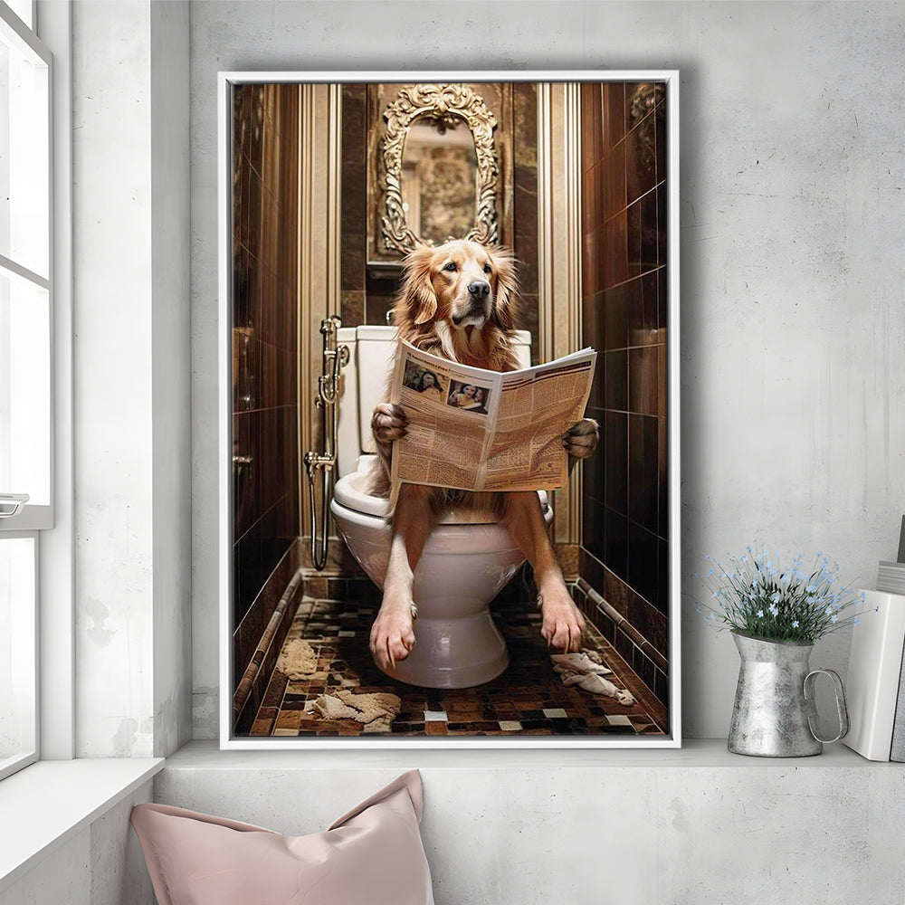 Golden Retriever Dog On The Toilet Reading Newspaper Print or Canvas, Framed Canvas Print Wall Art, Floating Frame