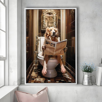 Golden Retriever Dog On The Toilet Reading Newspaper Print or Canvas, Framed Canvas Print Wall Art, Floating Frame