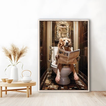 Golden Retriever Dog On The Toilet Reading Newspaper Print or Canvas, Framed Canvas Print Wall Art, Floating Frame