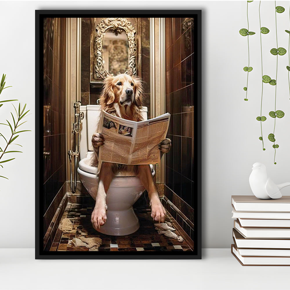 Golden Retriever Dog On The Toilet Reading Newspaper Print or Canvas, Framed Canvas Print Wall Art, Floating Frame