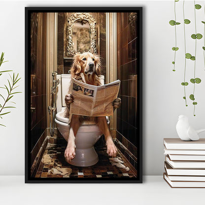 Golden Retriever Dog On The Toilet Reading Newspaper Print or Canvas, Framed Canvas Print Wall Art, Floating Frame