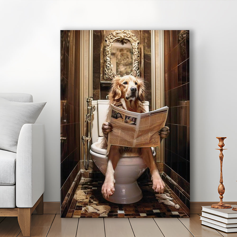 Golden Retriever Dog On The Toilet Reading Newspaper Print or Canvas, Canvas Print Wall Art, Wall Decor, Painting Canvas