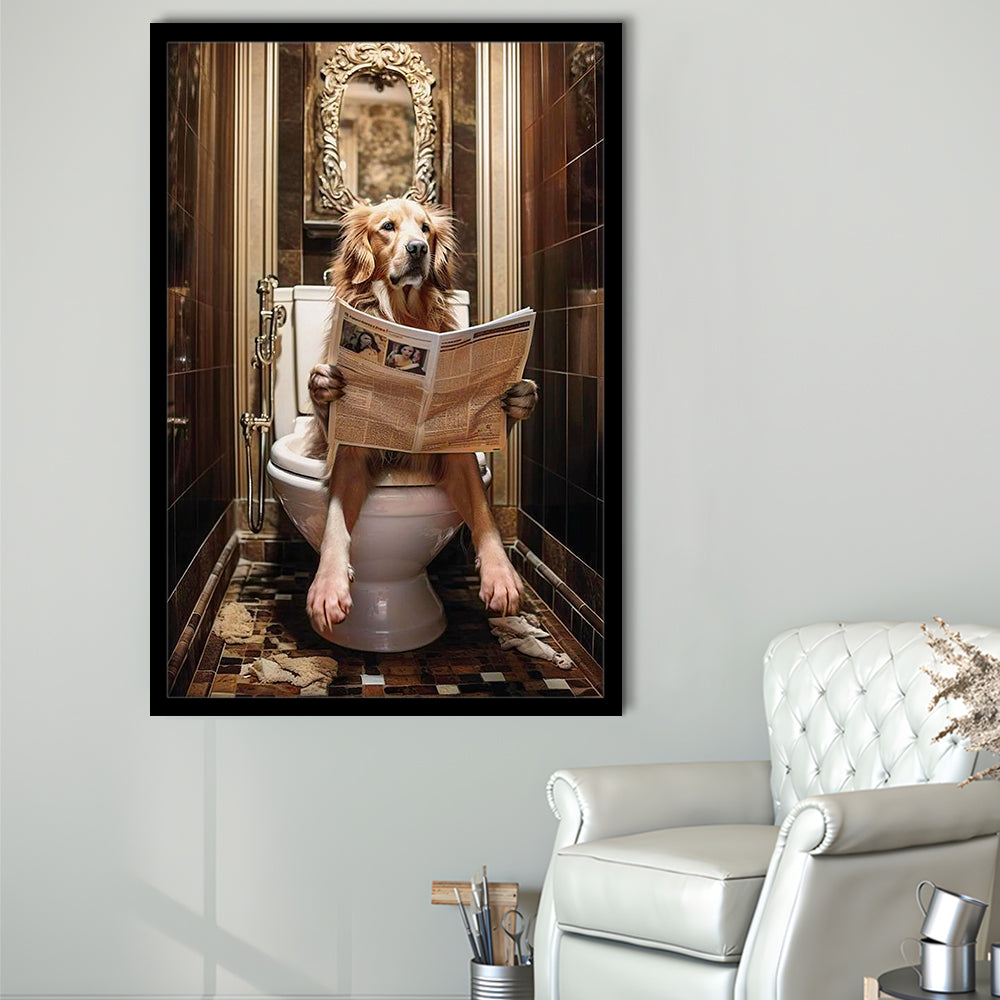 Golden Retriever Dog On The Toilet Reading Newspaper Print or Canvas, Framed Art Print Wall Decor, Picture Framed