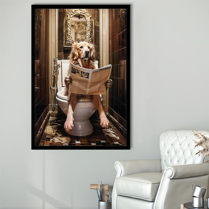 Golden Retriever Dog On The Toilet Reading Newspaper Print or Canvas, Framed Art Print Wall Decor, Picture Framed