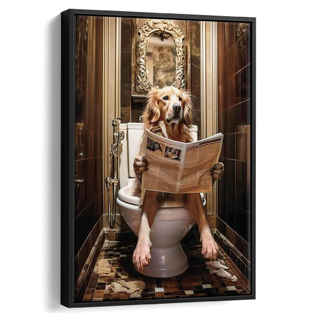 Golden Retriever Dog On The Toilet Reading Newspaper Print or Canvas, Framed Canvas Print Wall Art, Floating Frame