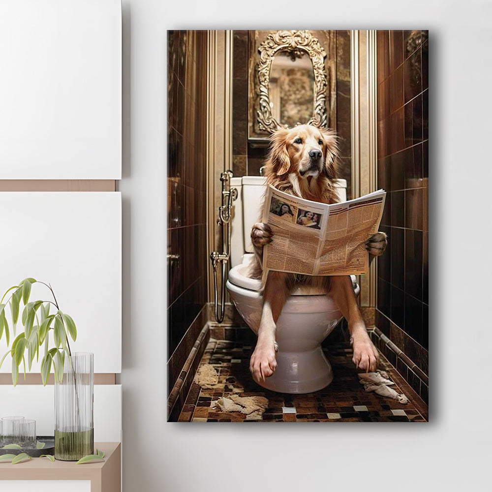 Golden Retriever Dog On The Toilet Reading Newspaper Print or Canvas, Canvas Print Wall Art, Wall Decor, Painting Canvas