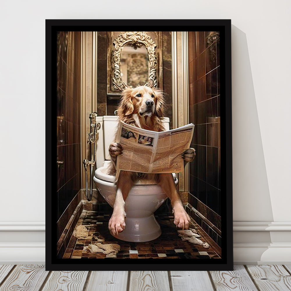 Golden Retriever Dog On The Toilet Reading Newspaper Print or Canvas, Framed Canvas Print Wall Art, Floating Frame