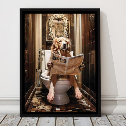 Golden Retriever Dog On The Toilet Reading Newspaper Print or Canvas, Framed Canvas Print Wall Art, Floating Frame