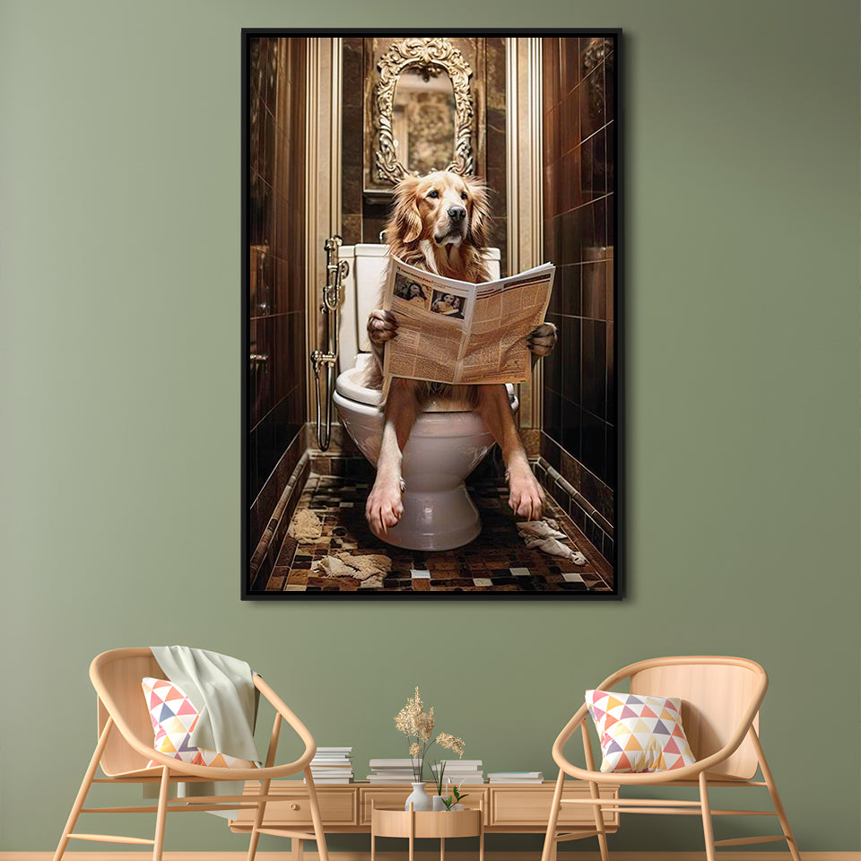 Golden Retriever Dog On The Toilet Reading Newspaper Print or Canvas, Framed Canvas Print Wall Art, Floating Frame