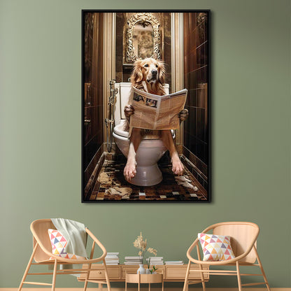 Golden Retriever Dog On The Toilet Reading Newspaper Print or Canvas, Framed Canvas Print Wall Art, Floating Frame