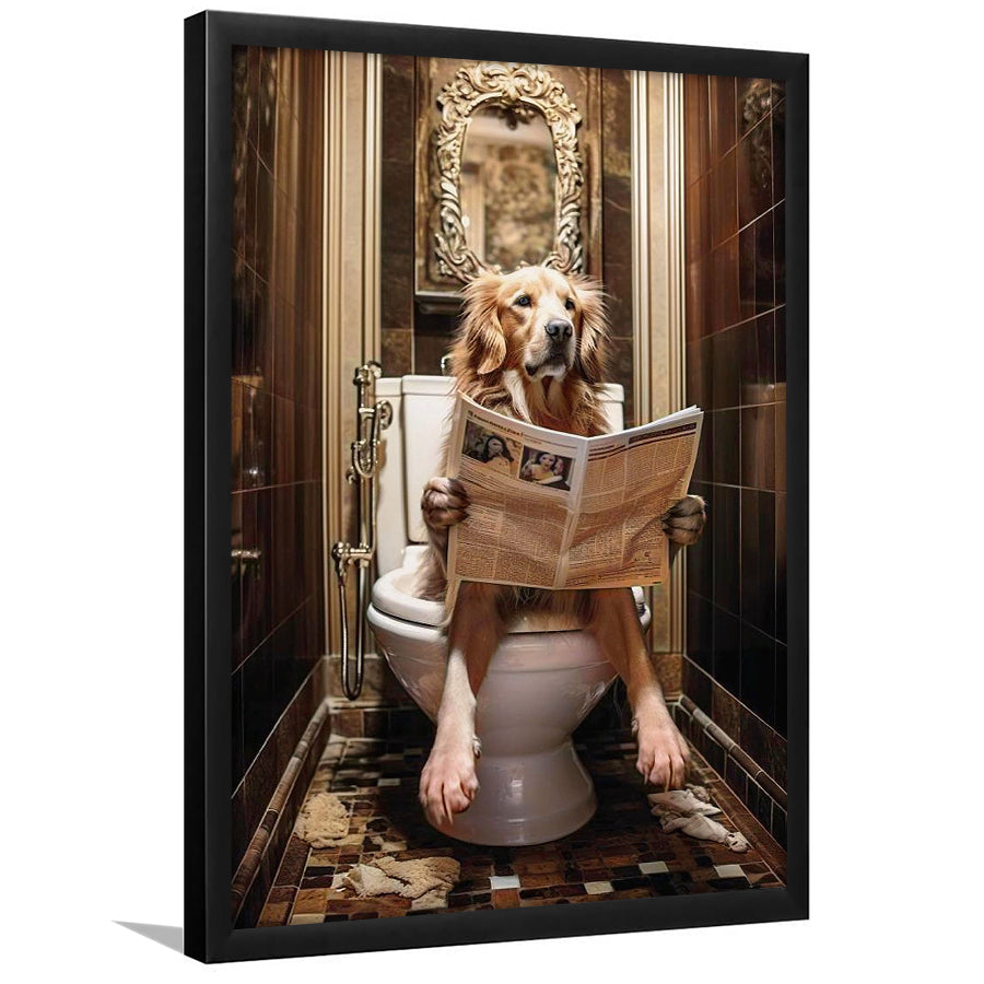 Golden Retriever Dog On The Toilet Reading Newspaper Print or Canvas, Framed Art Print Wall Decor, Picture Framed