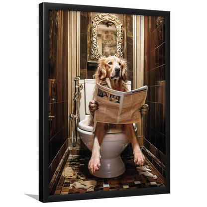 Golden Retriever Dog On The Toilet Reading Newspaper Print or Canvas, Framed Art Print Wall Decor, Picture Framed
