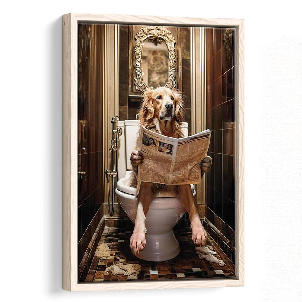 Golden Retriever Dog On The Toilet Reading Newspaper Print or Canvas, Framed Canvas Print Wall Art, Floating Frame