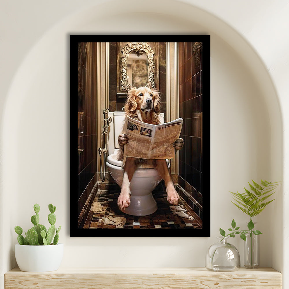 Golden Retriever Dog On The Toilet Reading Newspaper Print or Canvas, Framed Art Print Wall Decor, Picture Framed