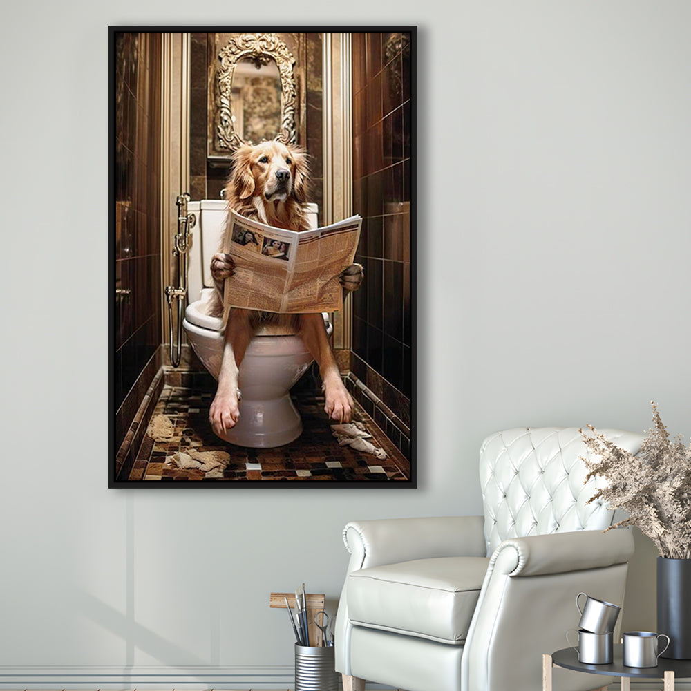 Golden Retriever Dog On The Toilet Reading Newspaper Print or Canvas, Framed Canvas Print Wall Art, Floating Frame