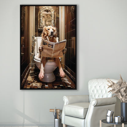 Golden Retriever Dog On The Toilet Reading Newspaper Print or Canvas, Framed Canvas Print Wall Art, Floating Frame