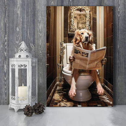 Golden Retriever Dog On The Toilet Reading Newspaper Print or Canvas, Canvas Print Wall Art, Wall Decor, Painting Canvas