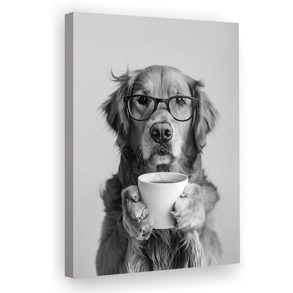 Golden Retriever Drinking Coffee Canvas Print Wall Art, Black and White, Coffee Lover Print, Kitchen Wall Decor