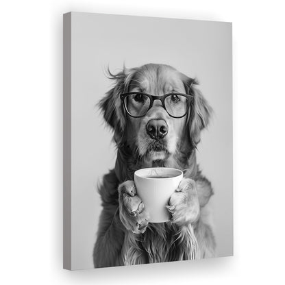Golden Retriever Drinking Coffee Canvas Print Wall Art, Black and White, Coffee Lover Print, Kitchen Wall Decor