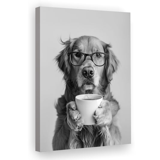 Golden Retriever Drinking Coffee Canvas Print Wall Art, Black and White, Coffee Lover Print, Kitchen Wall Decor
