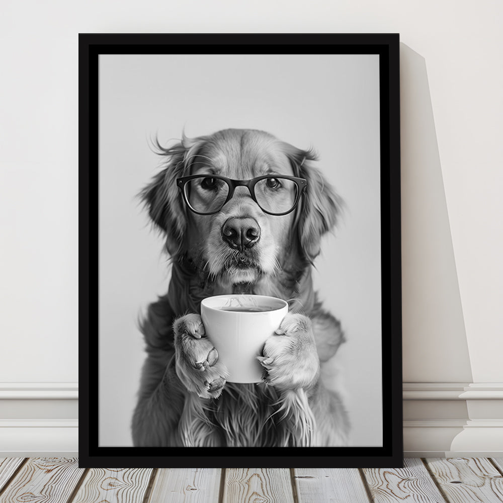 Golden Retriever Drinking Coffee Framed Canvas Print Wall Art, Black and White, Coffee Lover Print, Kitchen Wall Decor
