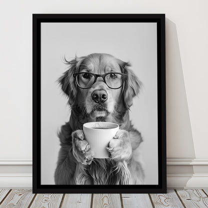 Golden Retriever Drinking Coffee Framed Canvas Print Wall Art, Black and White, Coffee Lover Print, Kitchen Wall Decor