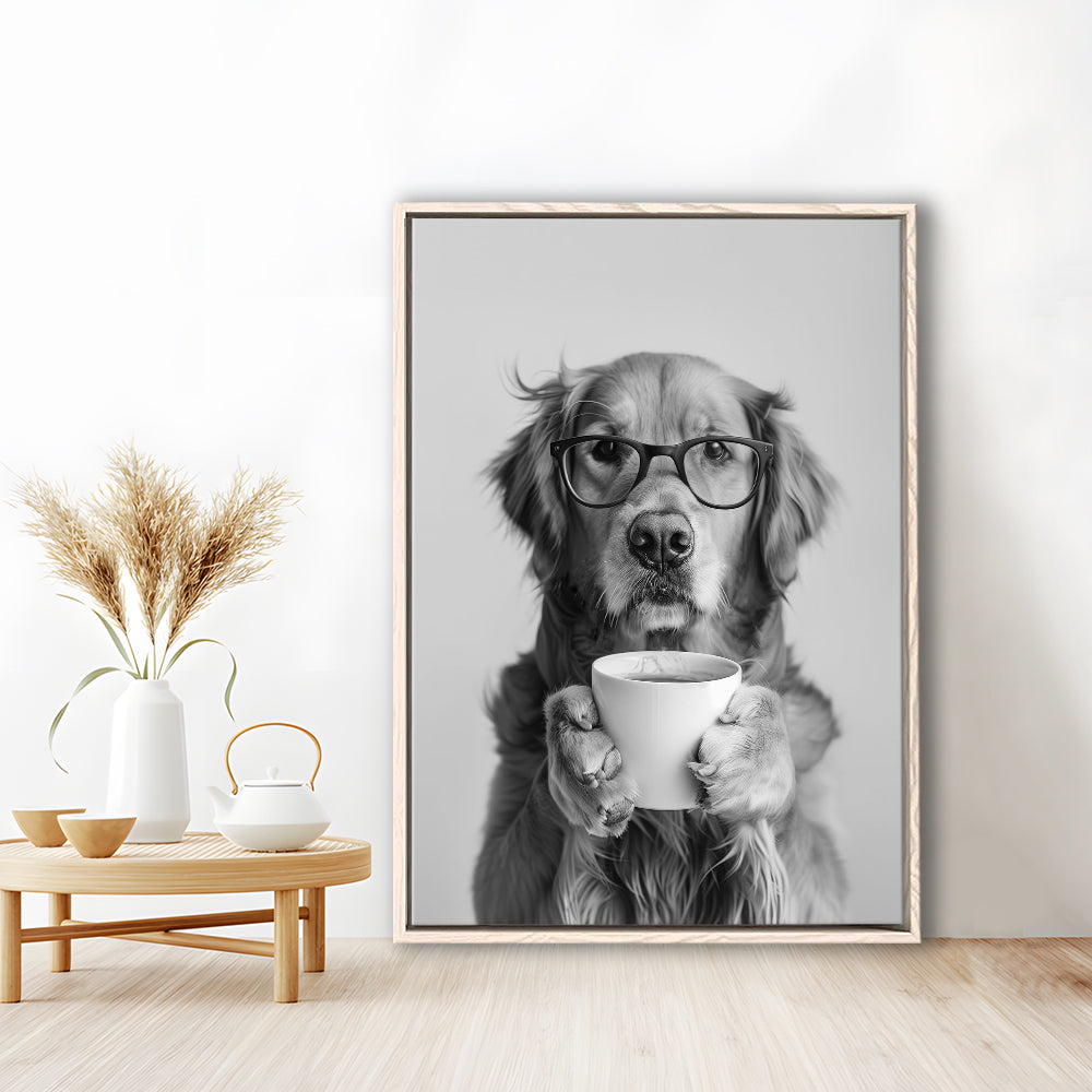 Golden Retriever Drinking Coffee Framed Canvas Print Wall Art, Black and White, Coffee Lover Print, Kitchen Wall Decor