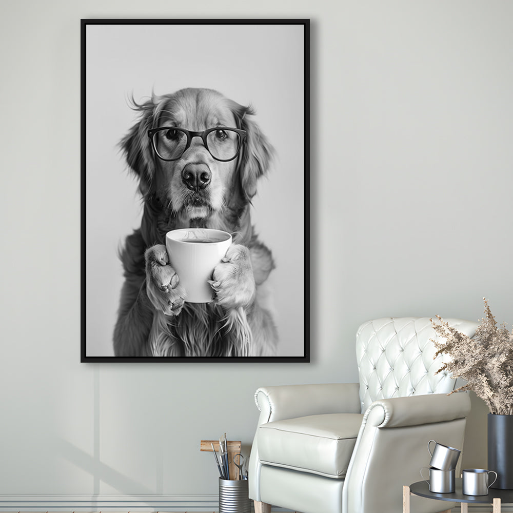 Golden Retriever Drinking Coffee Framed Canvas Print Wall Art, Black and White, Coffee Lover Print, Kitchen Wall Decor