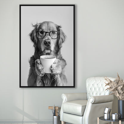 Golden Retriever Drinking Coffee Framed Canvas Print Wall Art, Black and White, Coffee Lover Print, Kitchen Wall Decor