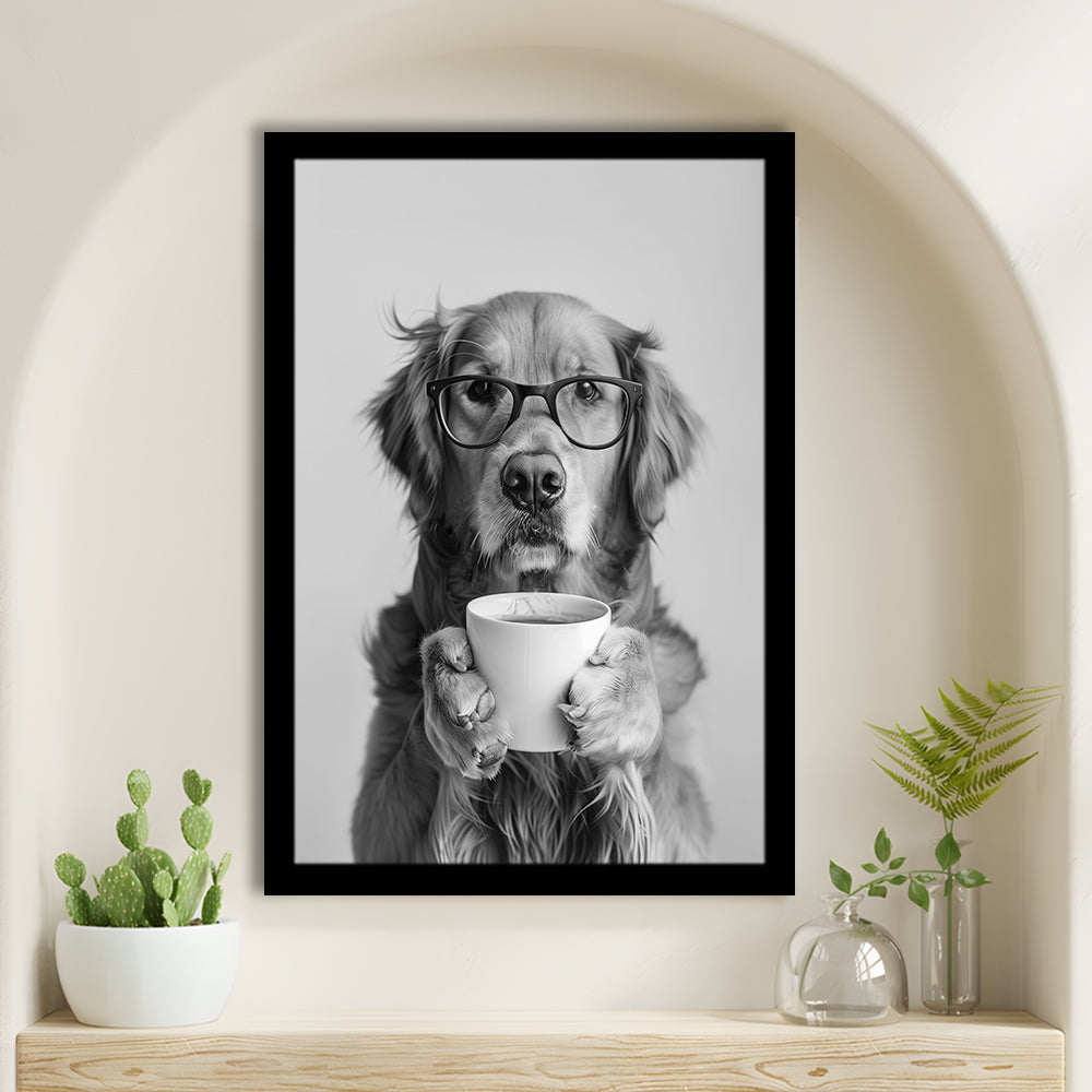 Golden Retriever Drinking Coffee Framed Art Print Wall Decor, Black and White, Coffee Lover Print, Kitchen Wall Decor