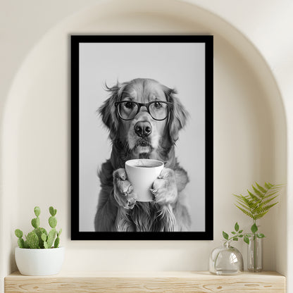 Golden Retriever Drinking Coffee Framed Art Print Wall Decor, Black and White, Coffee Lover Print, Kitchen Wall Decor